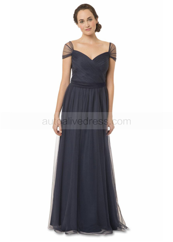 Navy Ruched Tulle Gorgeous Maxi Bridesmaid Dress
